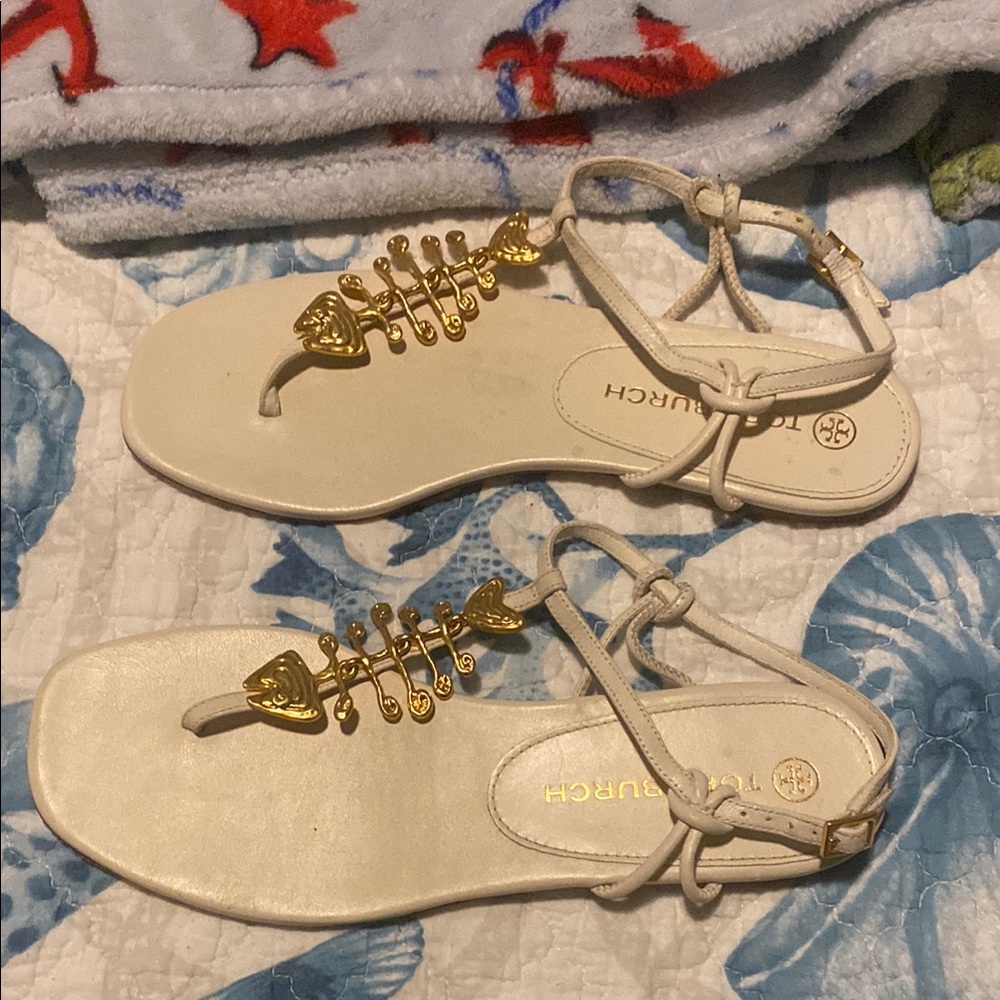 Tory Burch Cream Sandals with Gold Details
